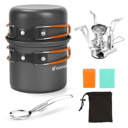 Odoland 6pc Camping Cookware Mess Kit with Stove