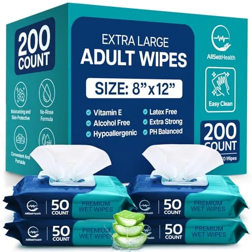 AllSett Health Body Wipes 8x12 No-Rinse 200 Count