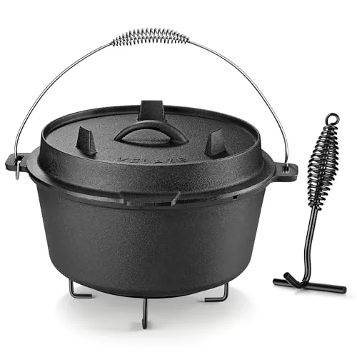 Velaze 10QT Cast Iron Camp Dutch Oven with Accessories