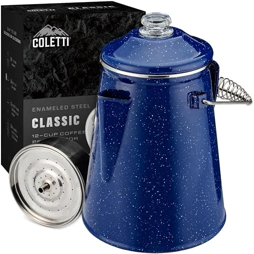 COLETTI Classic Blue Enamel Percolator 12 Cup Camp Coffee