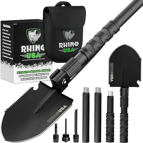 Rhino USA Carbon Steel Folding Survival Shovel with Pick