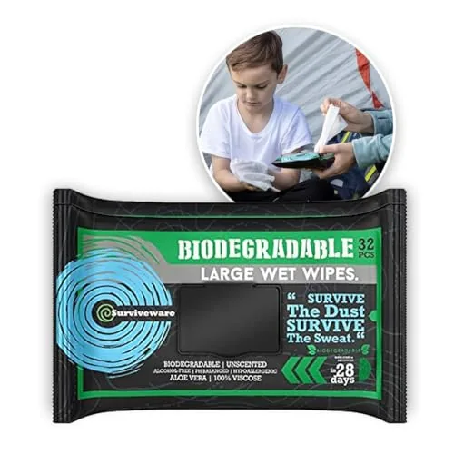Surviveware Biodegradable Wet Wipes Unscented 8x12in 32ct