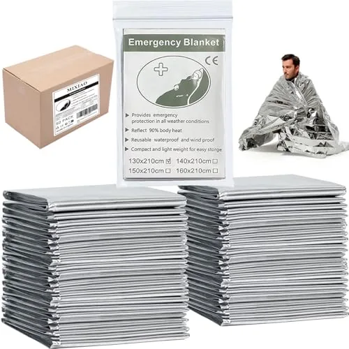 MIXIAO 50-Pack Mylar Emergency Blankets 12-Micron