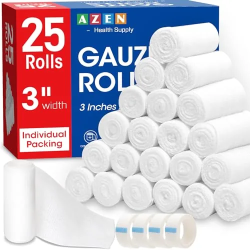 AZEN 25-Pack Gauze Rolls 3in x 4.1yd with Medical Tape