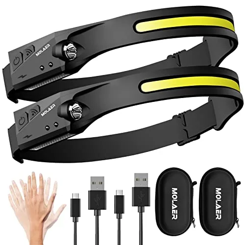 MOLAER 2-Pack 230° Wide Beam Rechargeable Headlamp