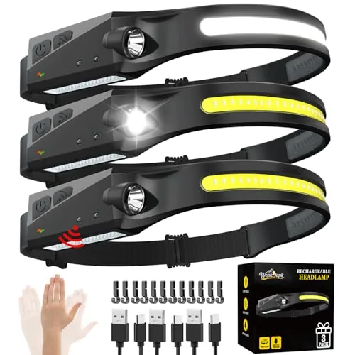 WopkDupk 230° Wide Beam Rechargeable Headlamp 3-Pack