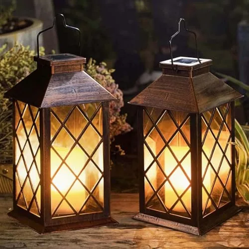 TAKE ME 14-Inch Solar Flickering LED Hanging Lantern 2-Pack