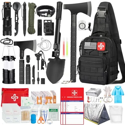 RIKOJUXI 262-Piece Survival Kit with Axe, Shovel & First Aid