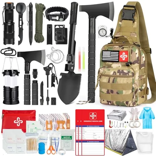 RIKOJUXI 262-Pc Survival Kit with Axe, Shovel & First Aid