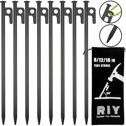 RIY 12-inch S45C Steel Tent Stakes Heavy Duty 8-Pack