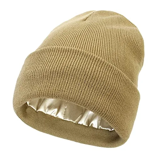 Salalacap Satin-Lined Cable Knit Winter Beanie Cuffed Khaki