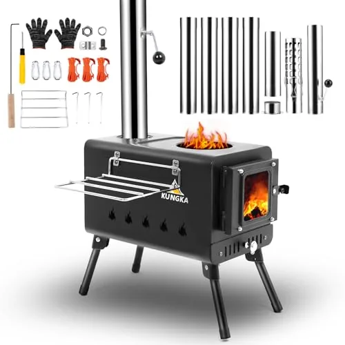 KUNGKA Portable Wood Burning Hot Tent Stove w/ Glass Door