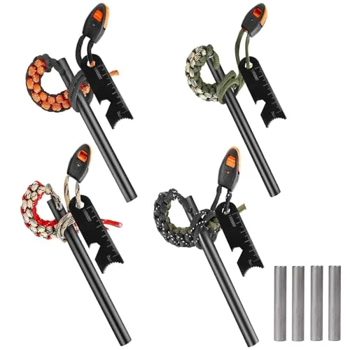 Yuztousp 6-in-1 Ferro Rod Fire Starter with Paracord 4-Pack