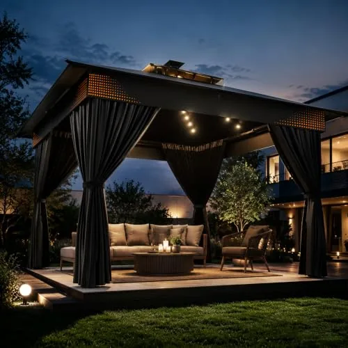 IRILIA 10x10 Solar-Lit Double-Roof Gazebo with Curtains